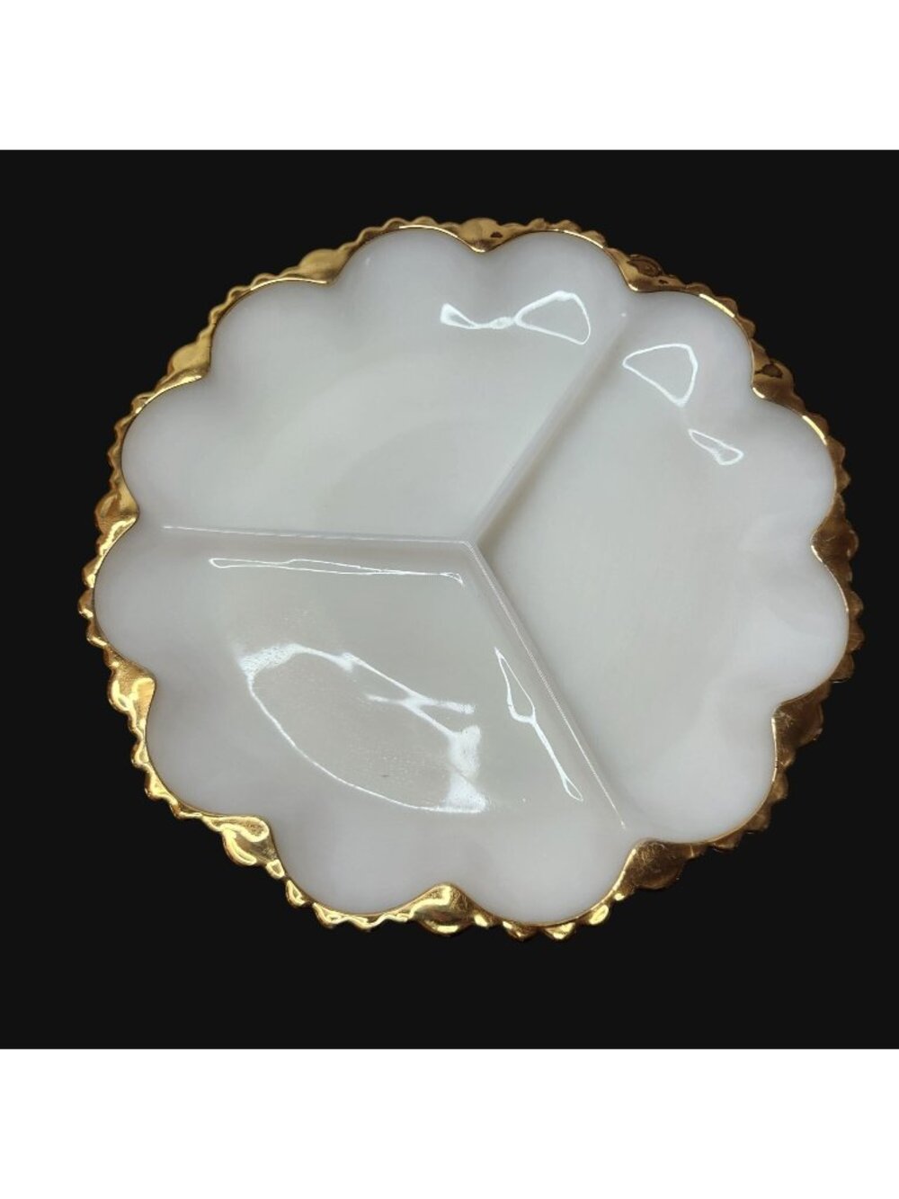 Vintage White Milk Glass Divided Serving Plate With Gold Scalloped Edge